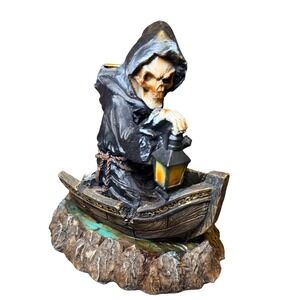 Grim Reaper Backflow Incense Burner Skull Boat Gothic Smoke Waterfall Decor